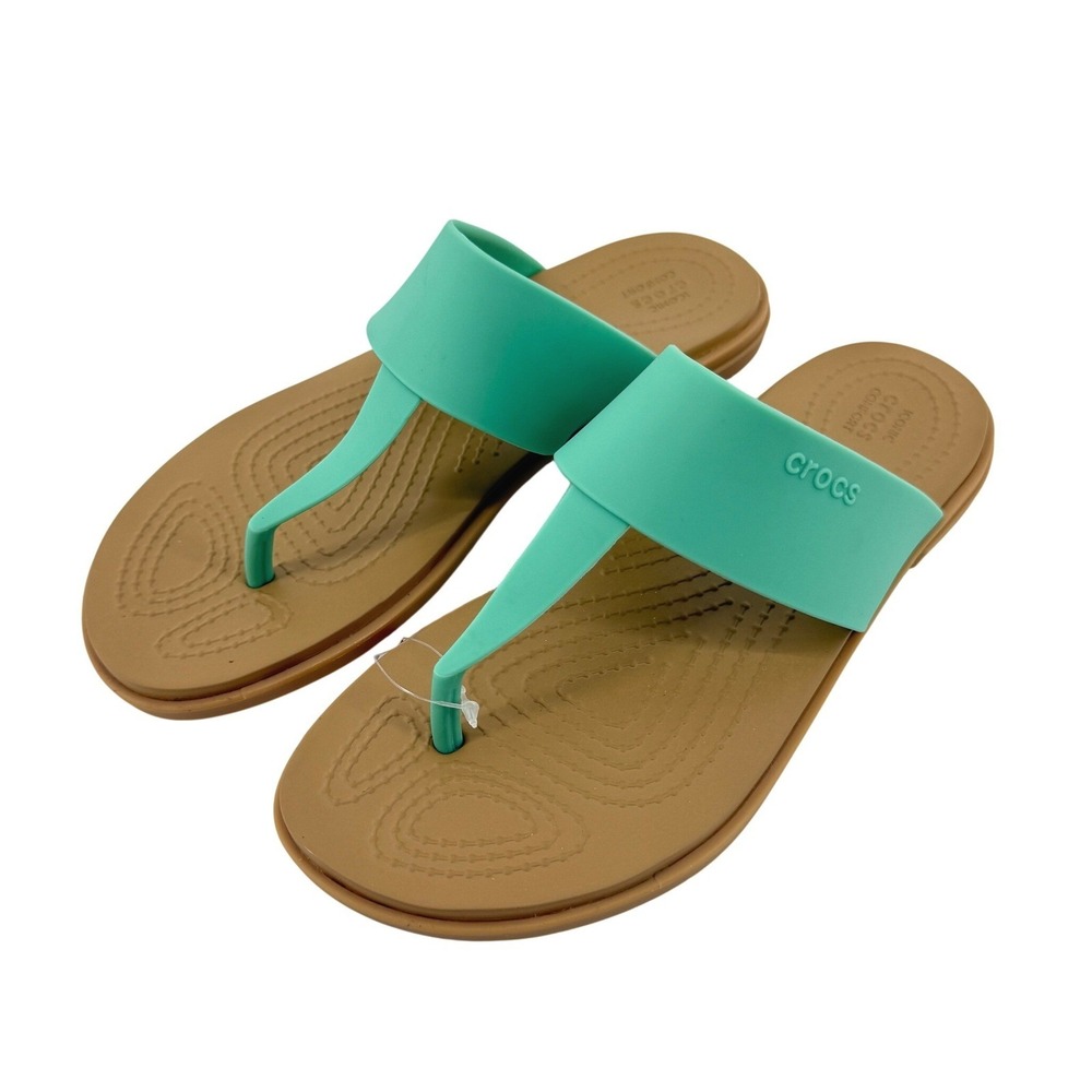 Crocs Tulum Flip Flop Sandal Women 5 Jade Stone Green Tan 206752-3UG Casual New